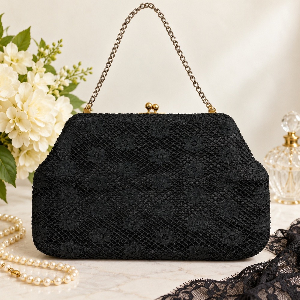 Vintage-Style Black Floral Lace Kiss Lock Evening Clutch Gold Tone Frame Chain